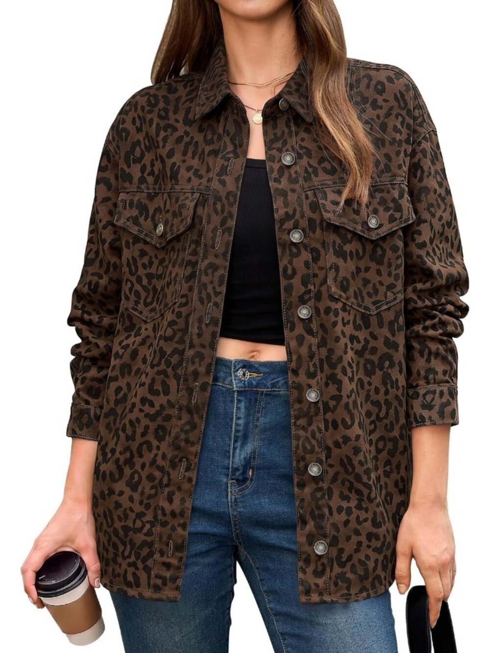 Leopard Print Oversized Denim Shacket for Women | Trendy Cheetah Jean Jacket